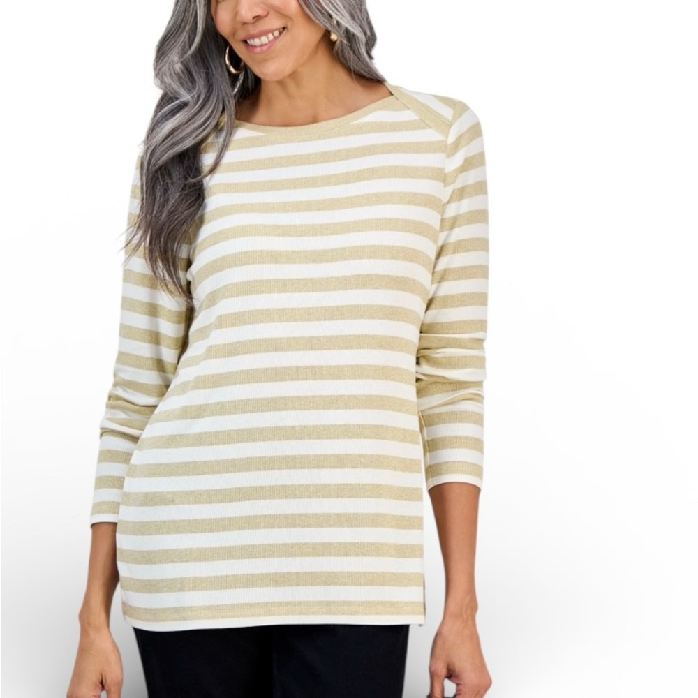 Style & Co White Cream Metallic Striped Boatneck Spring Work Blouse Top XL NWT